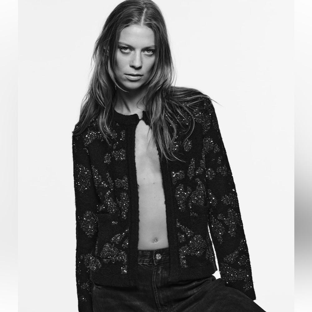 ZARA KNIT CARDIGAN WITH METALLIC THREAD AND SEQUIN DETAILS